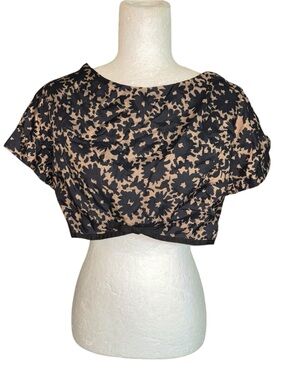Jonathan Logan Vintage 1940s 50s Brown Black Floral Print Bow Detail Crop Top XS